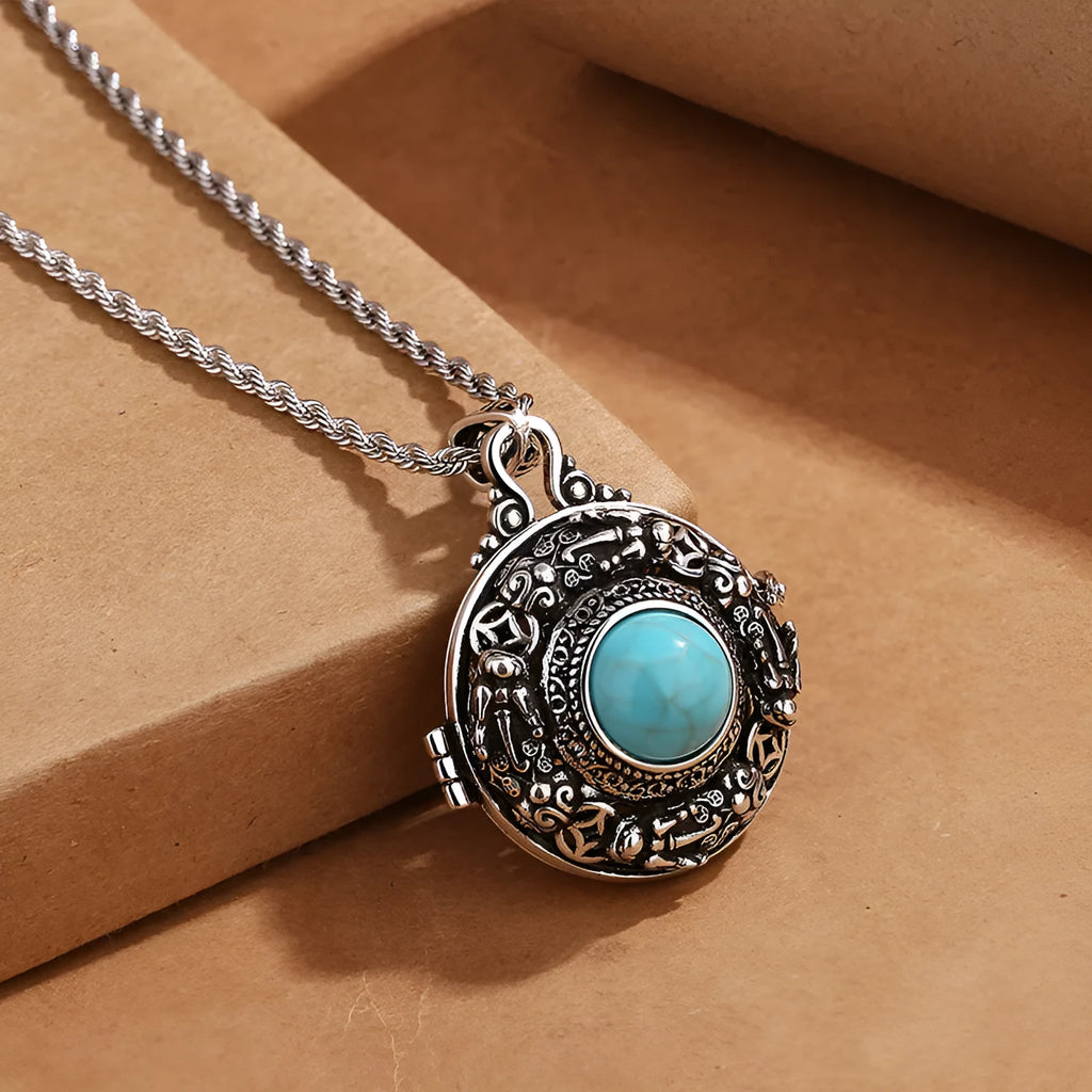 Turquoise retro copper pendant necklace with animal zodiac design, adjustable 51-60 cm chain
