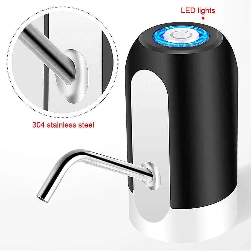 Automatic electric water bottle pump with blue light, USB cord, and black finish on a 5L bottle
