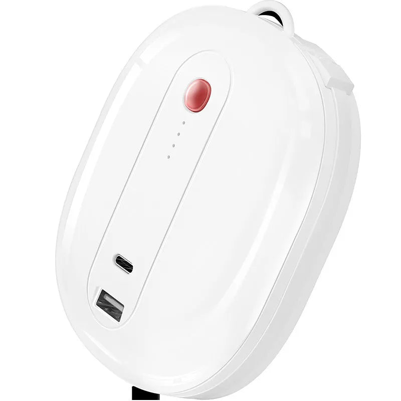 White and black power bank with integrated wall plug showing compact square design