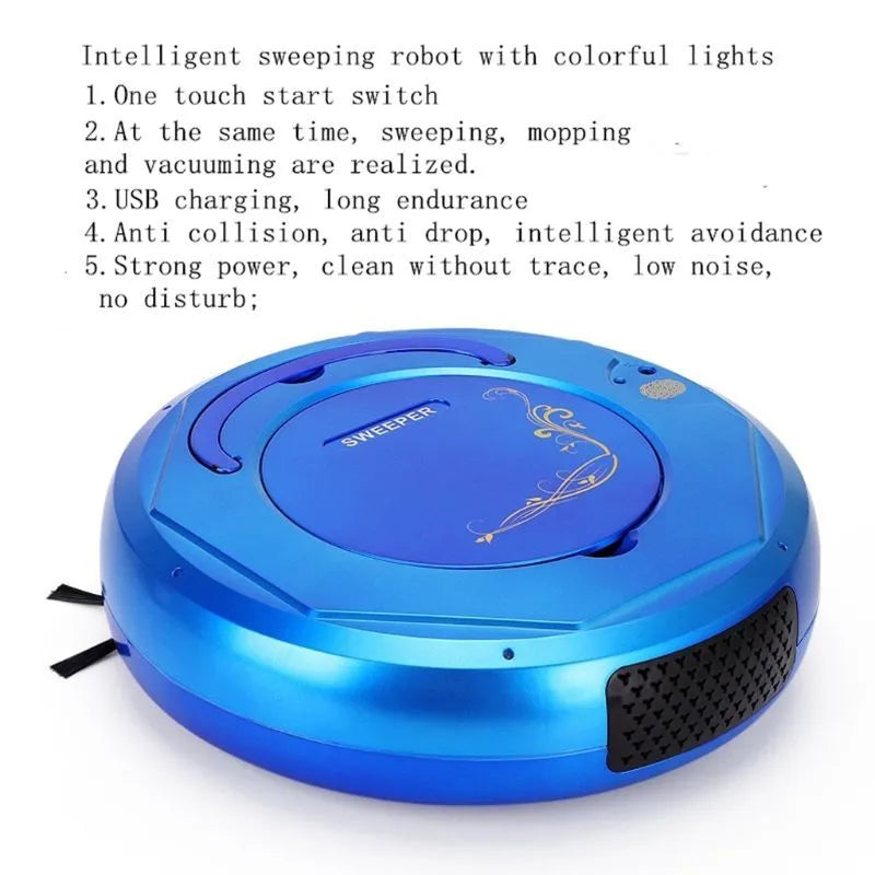 Lazy Smart robotic floor vacuum cleaner in blue, black, or white on a hard floor