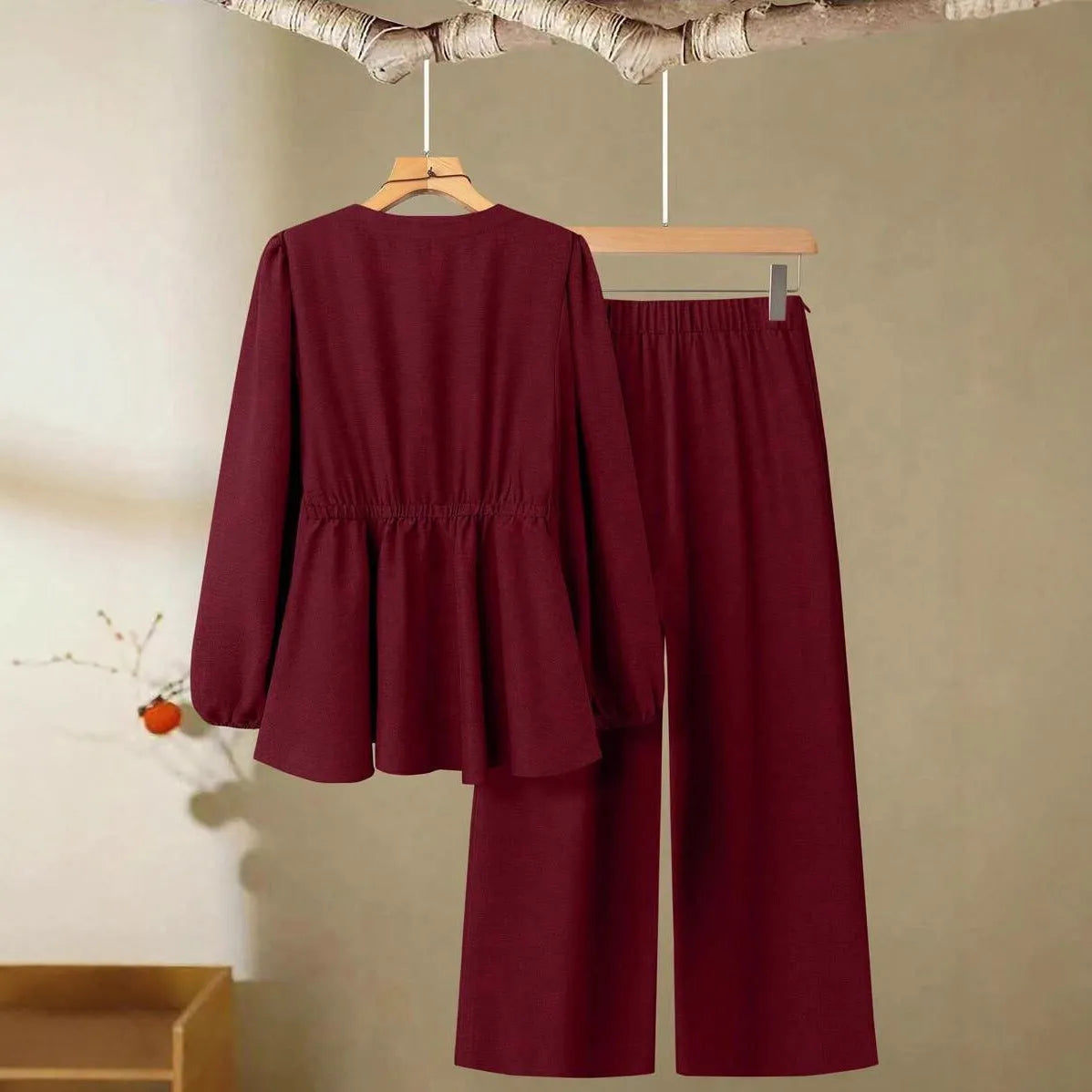 Women's long-sleeved pants polyester two-piece suit in khaki, front view, button closure, regular fit