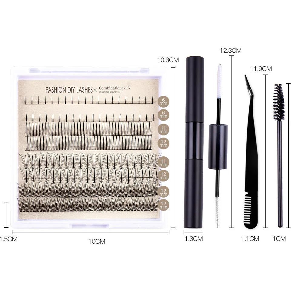 False eyelash glue set with lashes, tweezers, brush, and pink or black adhesive bottle