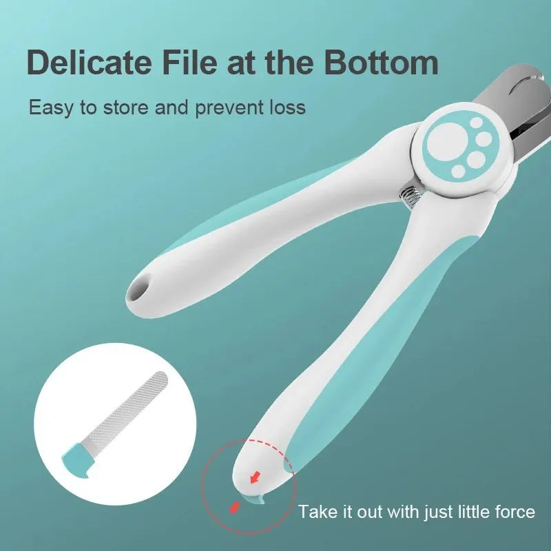 Blue and white professional pet nail clipper with stainless steel blades and safety lock