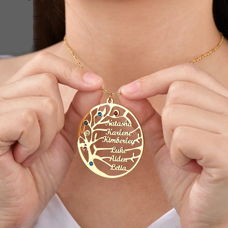 Personalised gold stainless steel Tree of Life necklace with custom name engraving on a white background