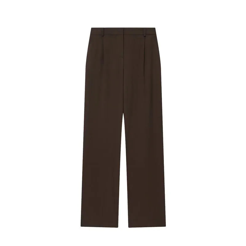 Womens pleated padded shoulder two piece set with straight-leg trousers solid colour polyester loose fit