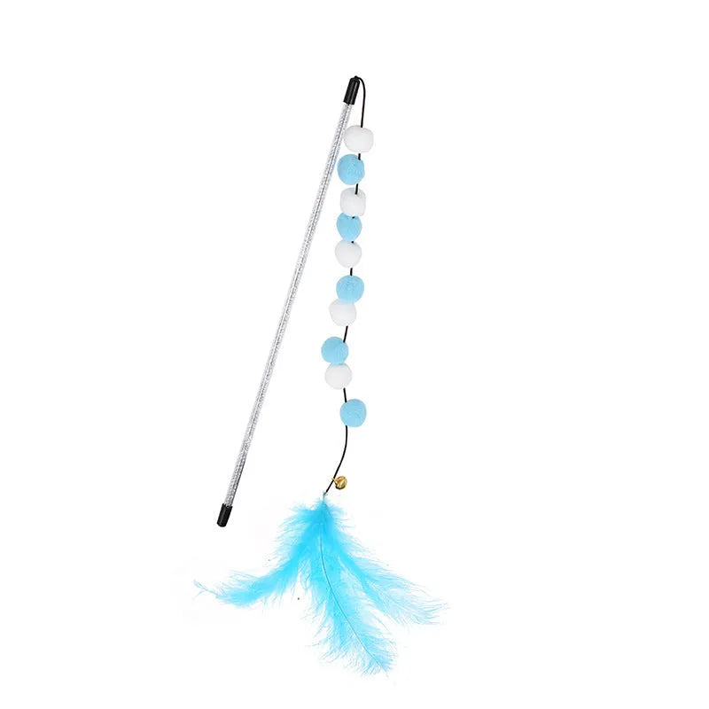 Acrylic pompon cat teaser stick with feather attachments and bell, 31cm long in multiple colours