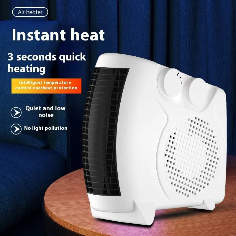 White rectangular desktop electric heater with power settings and a front grille, placed on a wooden desk.