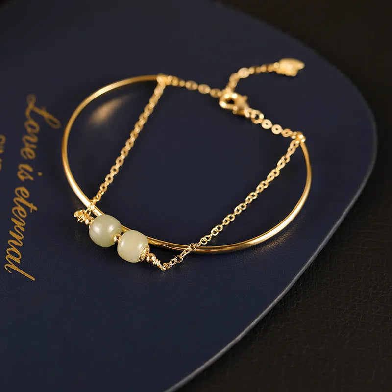 Hetian jade lucky beads bracelet with gold inlay in women's style