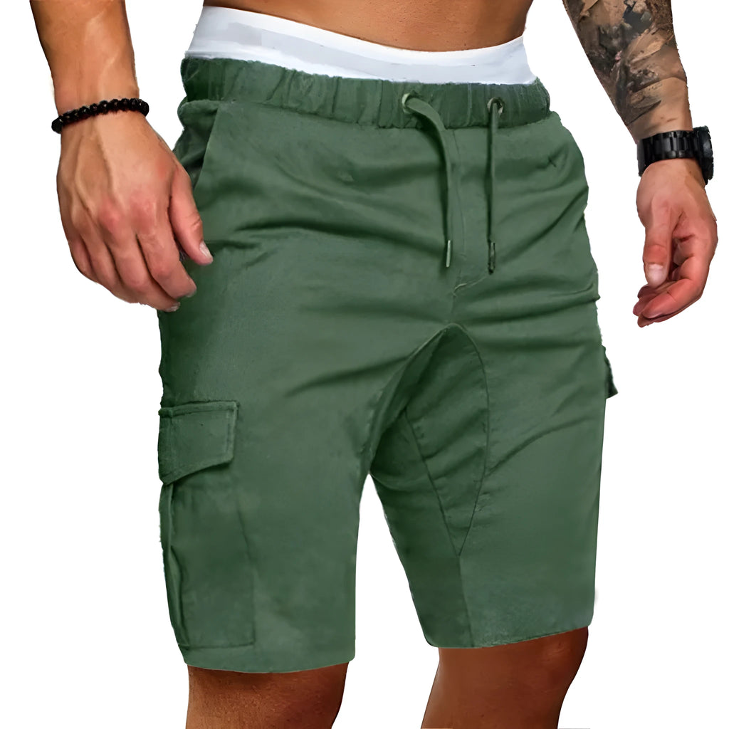 Casual cotton blend multi-pocket men's shorts in Army Green, front view, sizes S-3XL