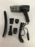 A black 12V car and home vacuum cleaner with a long power cord and set of accessory cleaning heads.