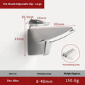 Electroplated adjustable glass partition holder in Olecranon and Fish Mouth styles with multiple size options.