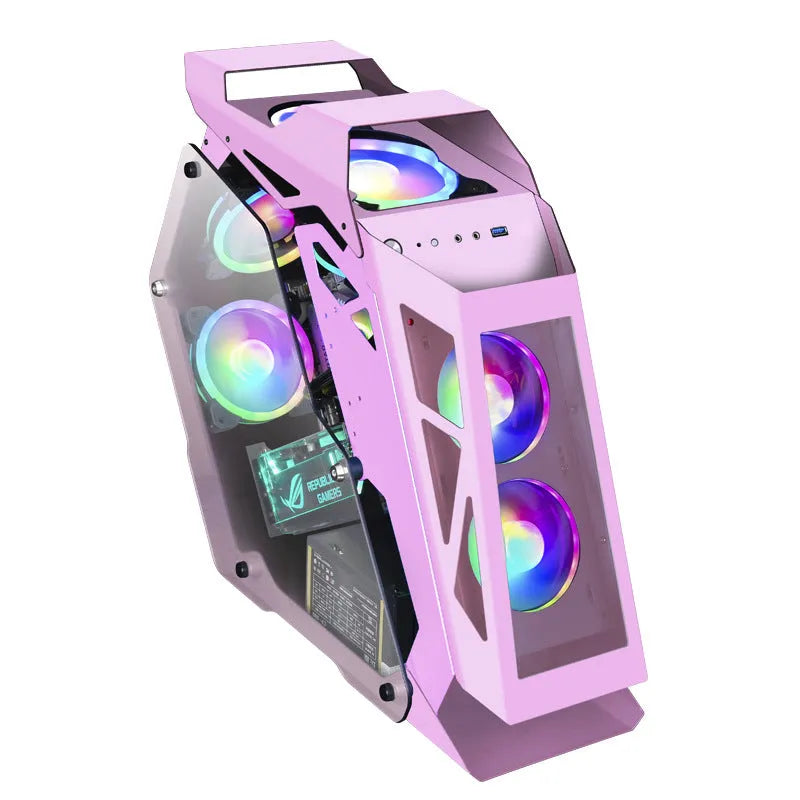 Table-type SECC metal computer chassis for desk integration with RGB fan lighting.