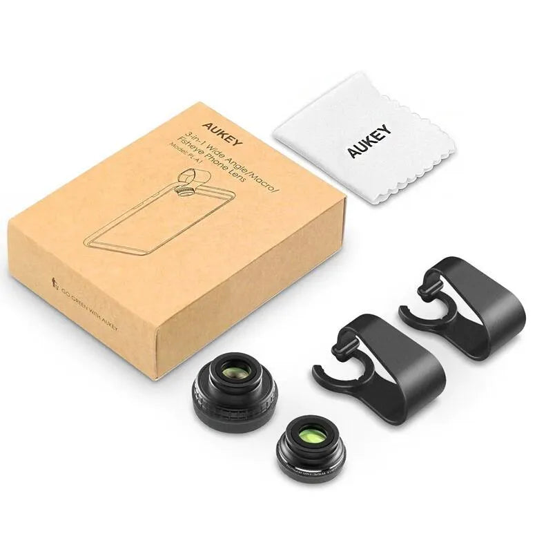 Aukey PL-A1 three-in-one camera lens set including fisheye, wide angle, and macro lenses with carrying case