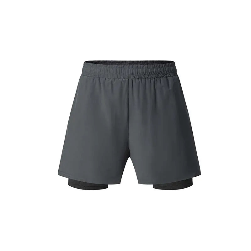 Men's double-layer sports shorts in black colour with mid-waist design for running activities