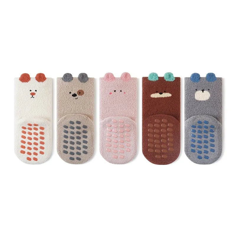 Children cartoon fleece-lined thickened winter home socks mid-calf polyester unisex pink colour