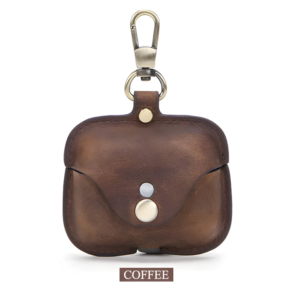 Brown genuine leather AirPods Pro case with vintage clamshell design and crazy horse pattern texture