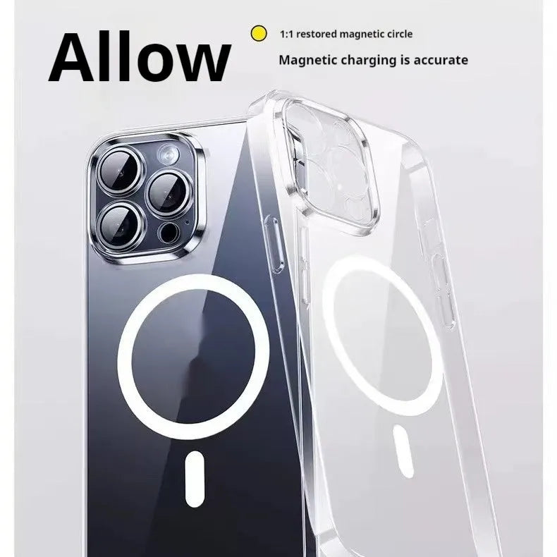 Transparent magnetic phone case for iPhone 15 and 16 with four-corner drop-resistant silicone and frosted finish.
