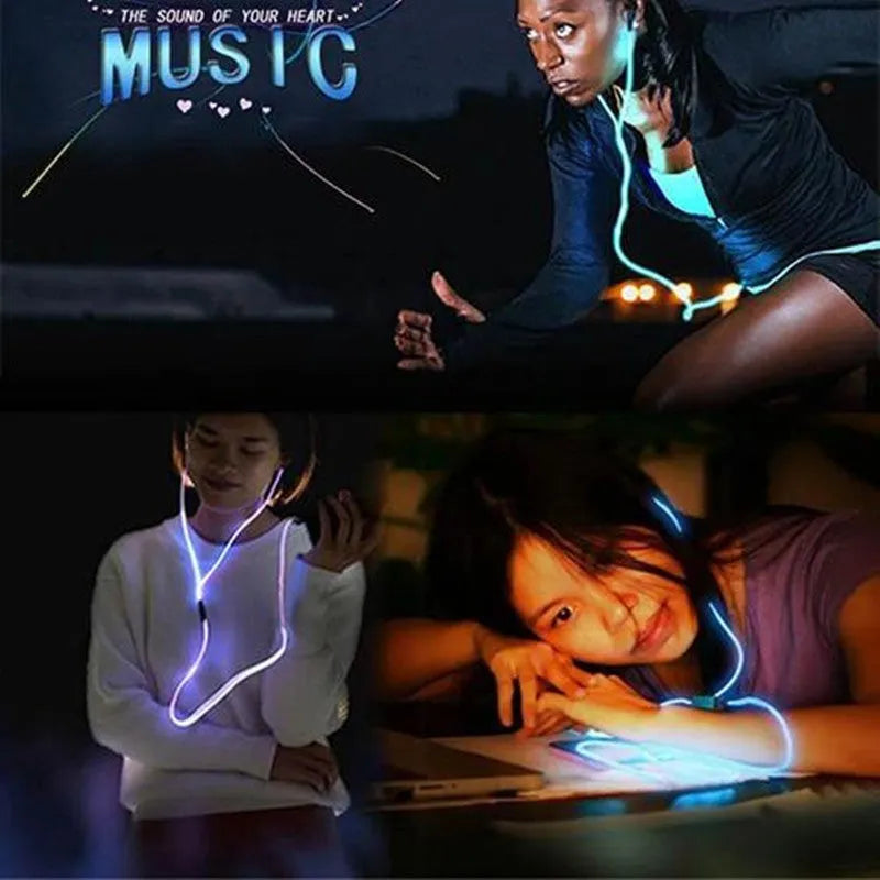 Blue wired LED light-up earphones with 3.5mm plug and inline remote control on a dark background.