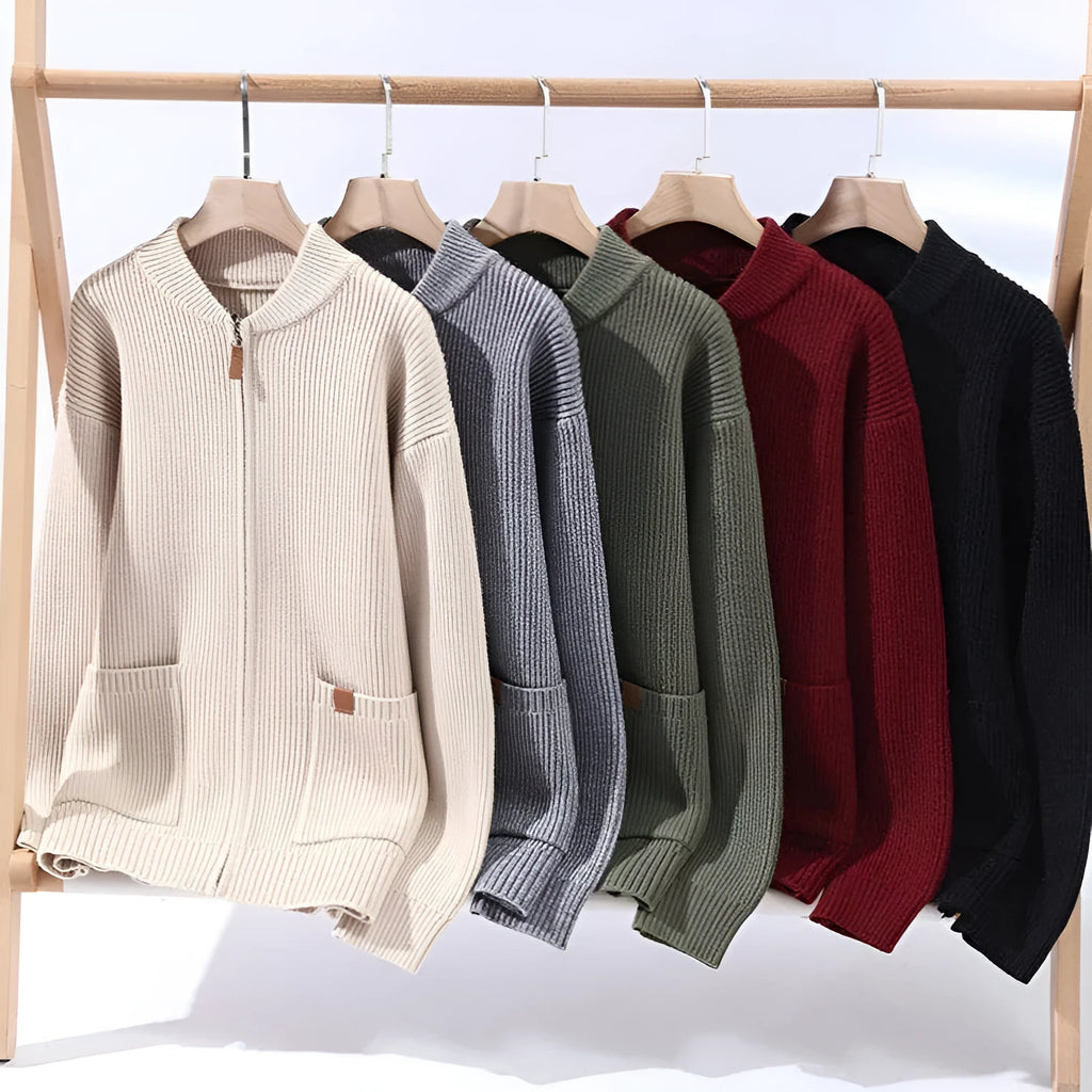Men's straight-cut striped sweater cardigan jacket in chemical fibre blend available in multiple colours