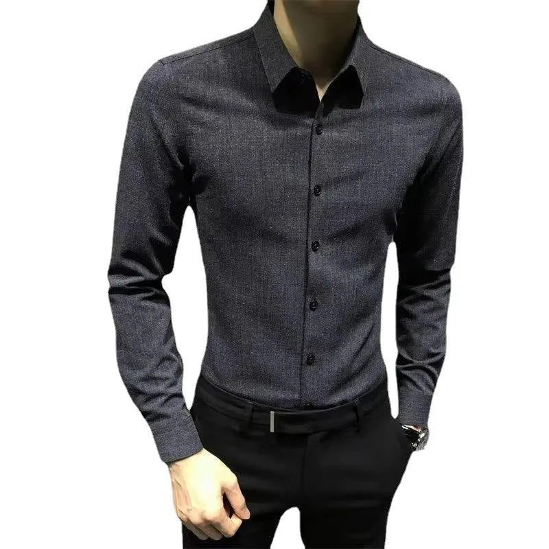 Men's black loose fit long sleeve polyester fibre shirt for autumn winter