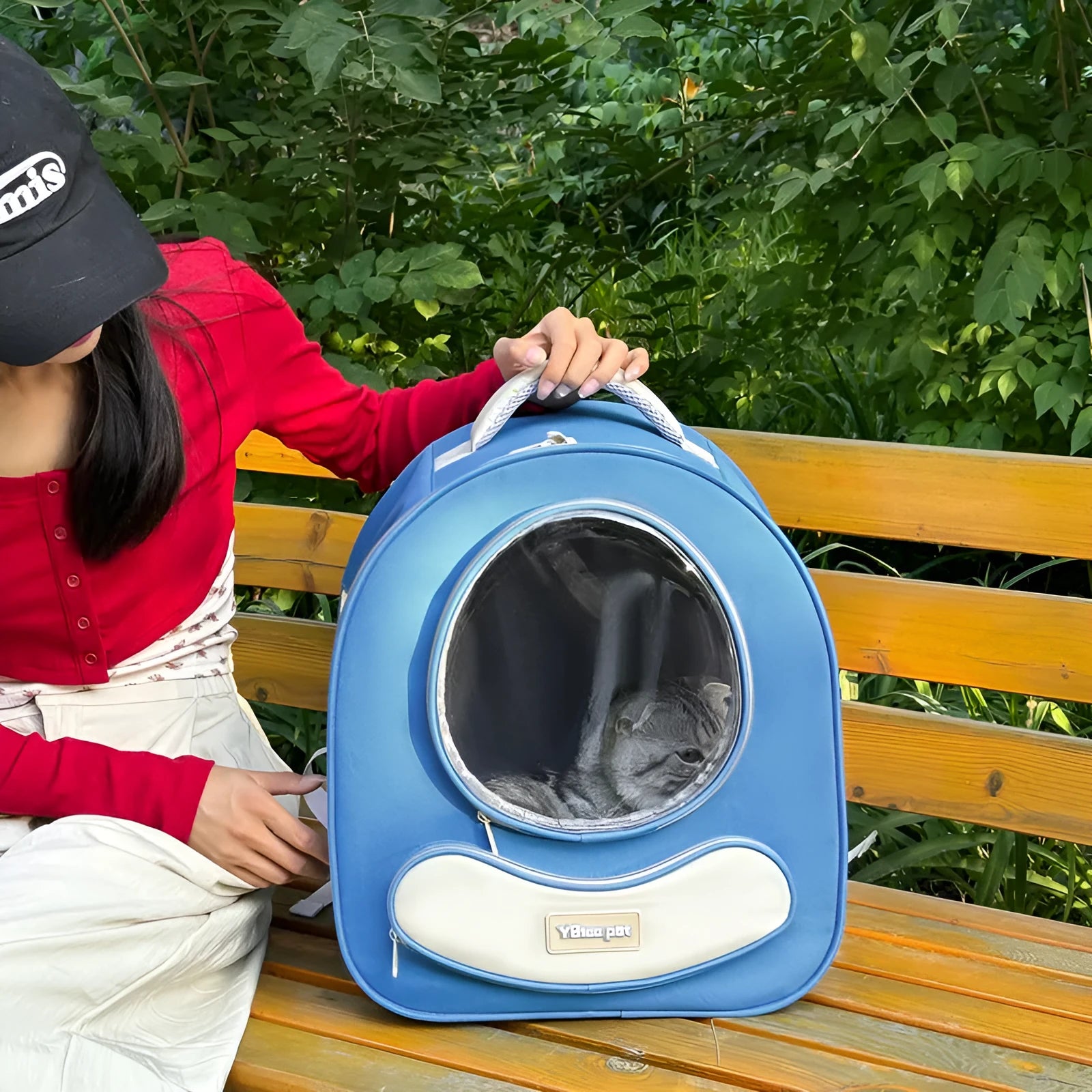 Breathable polyester pet carrier backpack in khaki solid colour with large capacity space capsule for dogs and cats