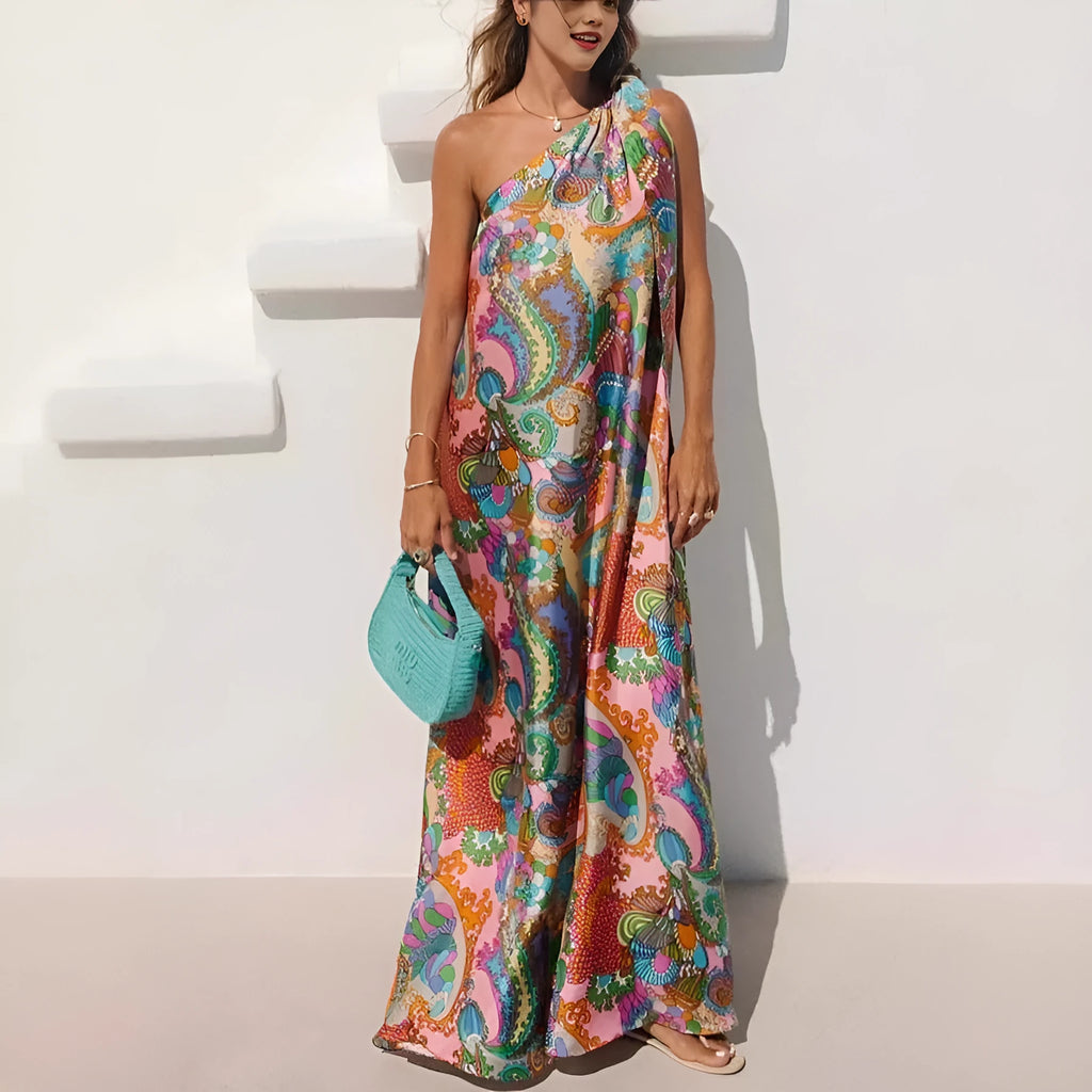 Women's sleeveless one-shoulder satin vest dress with cashew nut print and splicing detail, sizes S M L