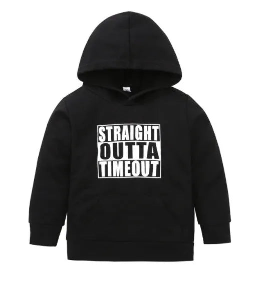 Children's black hooded sweater with white letter pattern, long sleeves, and pullover design.