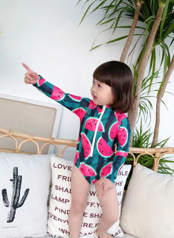 Children's long sleeve swimsuit set with watermelon fruit print on polyester fabric, size S-XL