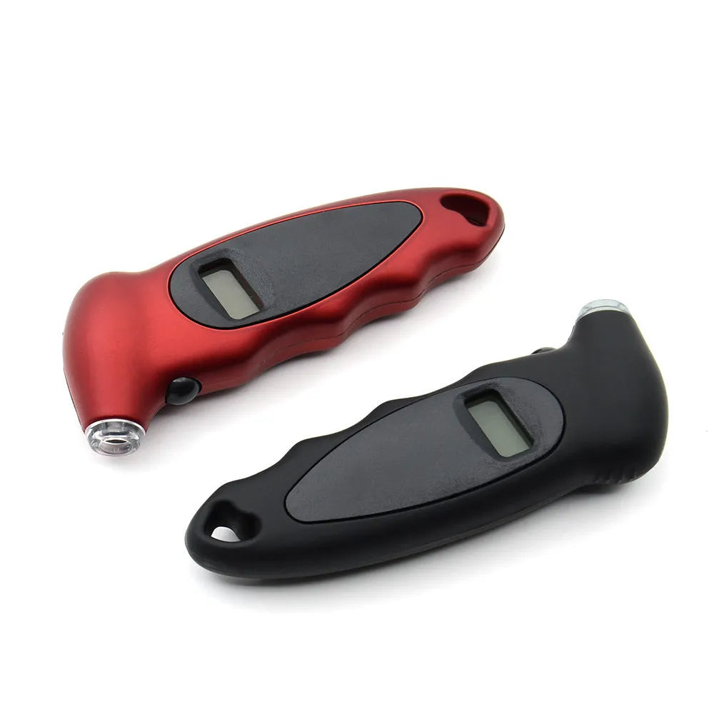 Digital tire pressure gauge reading 0-150 PSI with auto shut-off, compact 13.8x5.6x3 cm