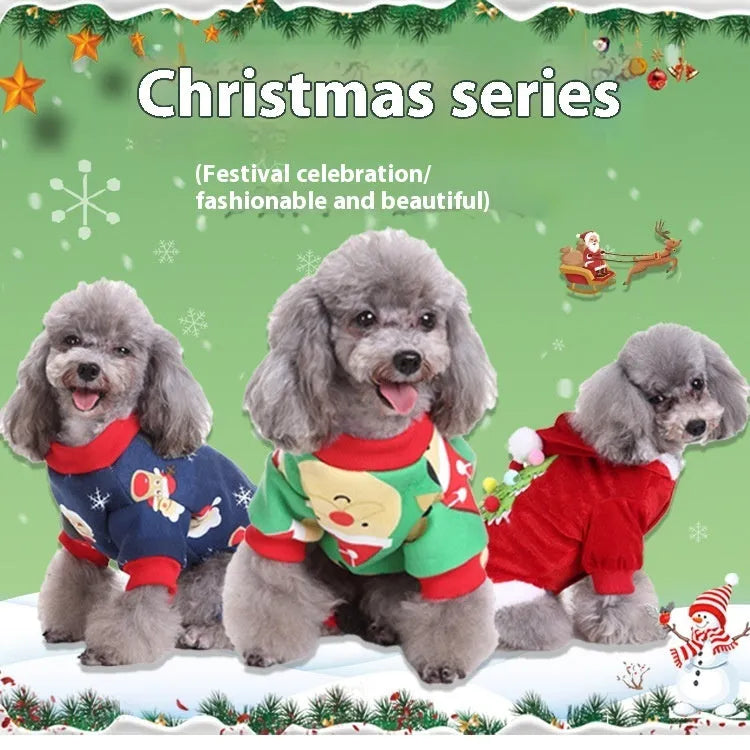 Christmas pet costumes for dogs and cats including Santa suit, penguin, and elf designs in multiple sizes