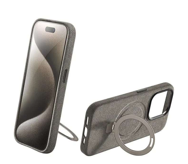 Creative all-match suede bracket phone case for iPhone 15 Pro and 15 Pro Max in dark gray with magnetic absorption and shockproof build