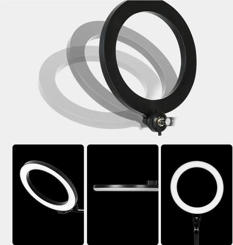 Black aluminium alloy mobile phone tablet stand with built-in fill light for vertical floor shooting