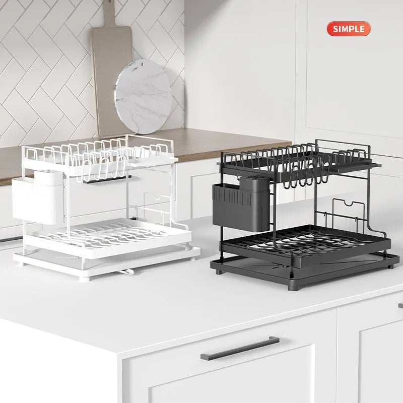 White double-layer carbon steel kitchen draining and storage rack holding plates and utensils.