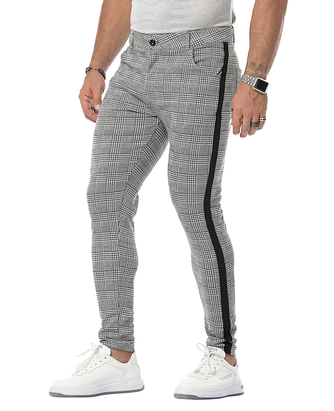 Men's high elasticity polyester plaid casual trousers in black border colourway