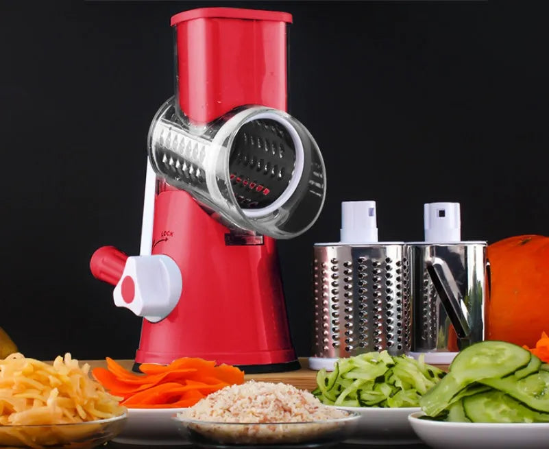 Round manual kitchen mandoline slicer with stainless steel blades in blue, green, or red colour options