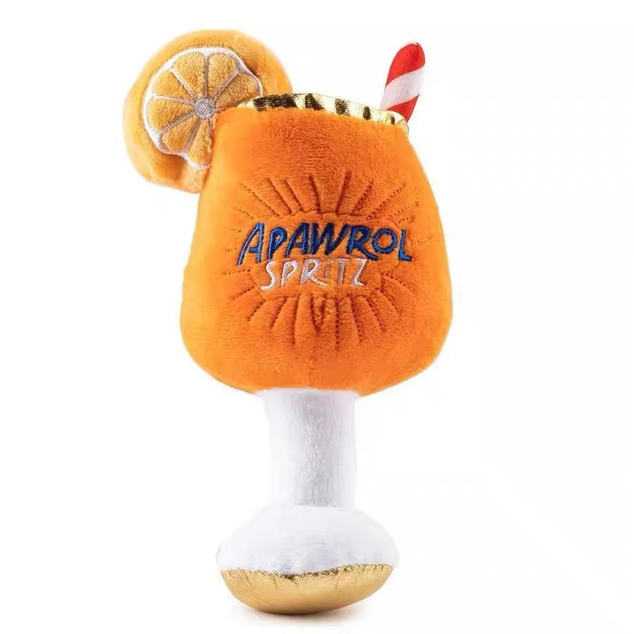 Yellow plush dog toy shaped like a wine glass with squeaker for interactive play.