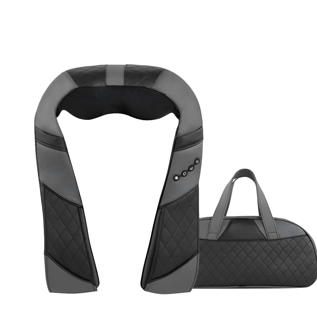 Grey electric massage shawl draped over shoulders with control unit and power cord visible