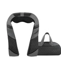 Grey electric massage shawl draped over shoulders with control unit and power cord visible
