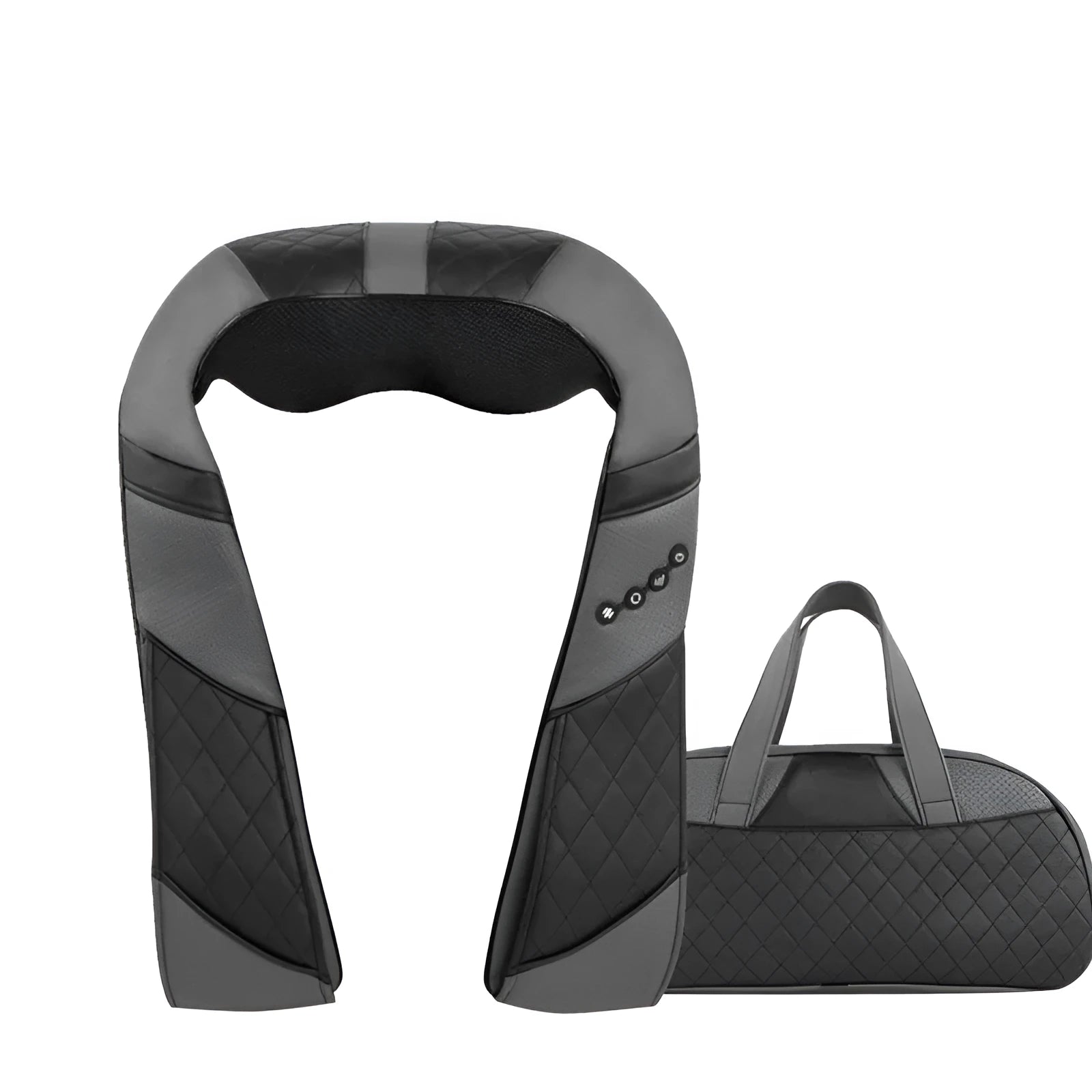 Grey electric massage shawl draped over shoulders with control unit and power cord visible