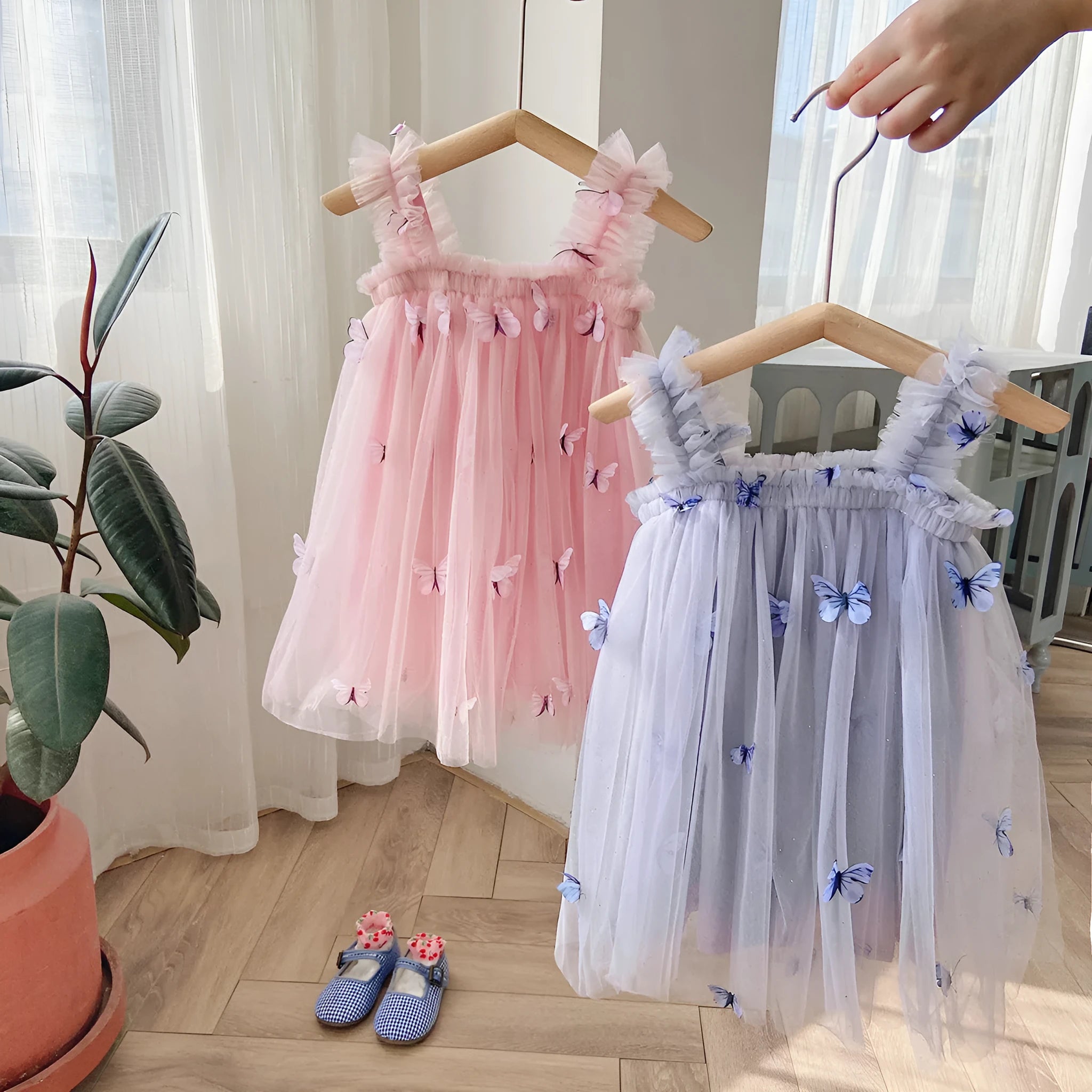 Butterfly embroidery mesh girls' braces skirt in nude pink, with cotton lining and sling straps