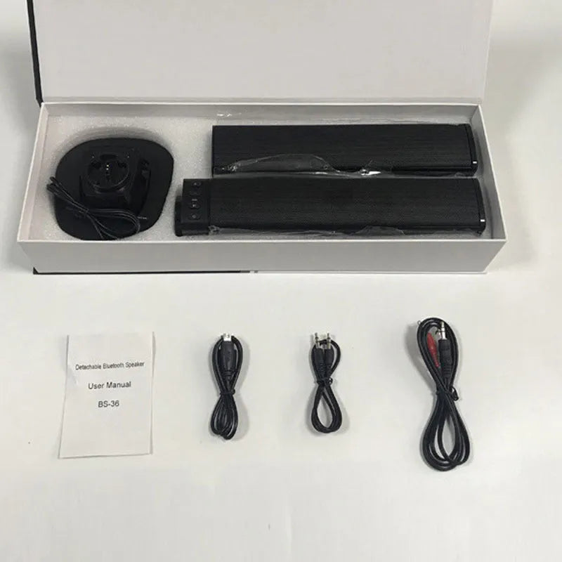 Black foldable split Bluetooth TV speaker with dual 5W output and 2000mAh battery