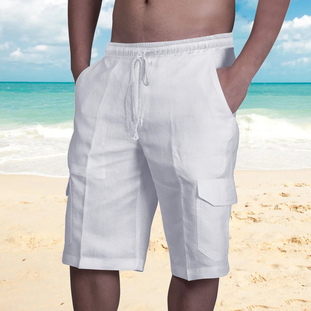 Men's cotton linen multi-pocket tie beach cargo pants in khaki, front view