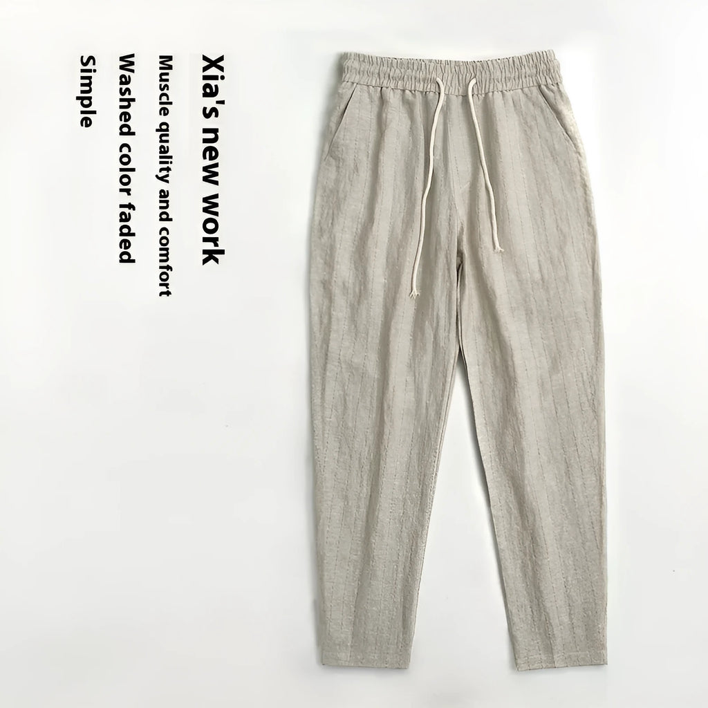 Men's striped cotton-linen summer trousers in cropped length with coffee, khaki, navy blue and white colour options