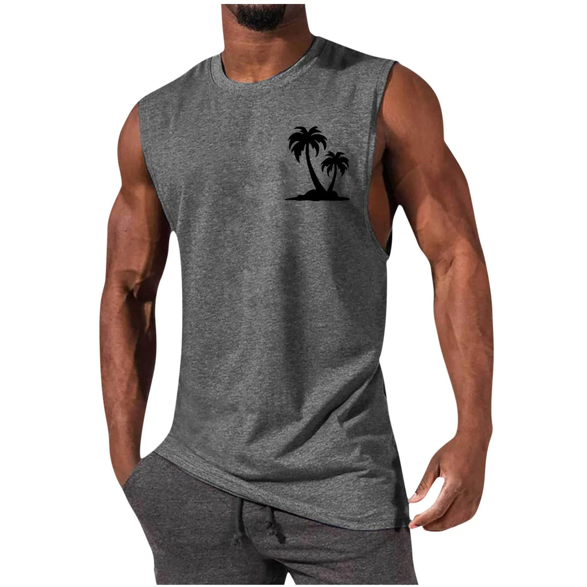 Mens sleeveless T-shirt, loose summer sports vest, polyester milk silk, digital print pattern, straight hem, hip hop style.