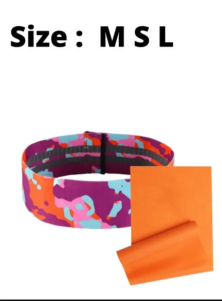 Anti-slip camouflage resistance band in polyester cotton blend, available in S, M, and L sizes, colours Blue, Grey, and Orange