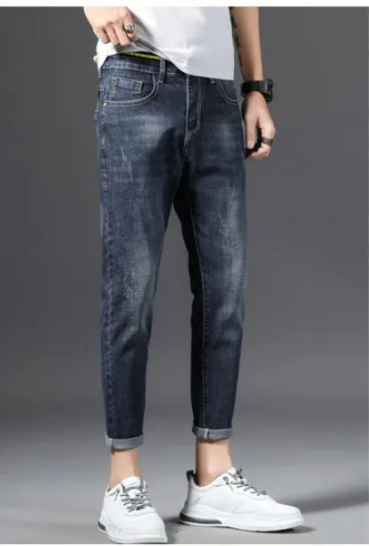 Nine Cent stretch and trim men's jeans straight leg Korean style cotton trousers in blue with washed grinding white finish