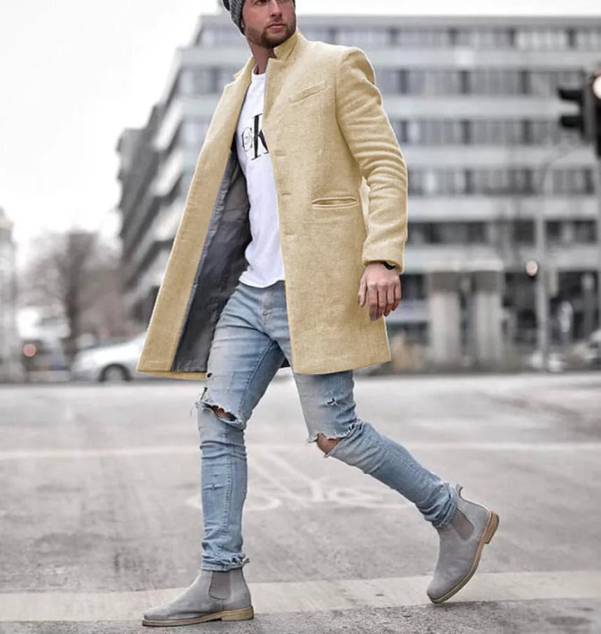 Men's long woolen trench coat, single breasted slim fit, black blue grey khaki, sizes XS to 5XL.