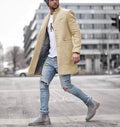 Men's long woolen trench coat, single breasted slim fit, black blue grey khaki, sizes XS to 5XL.