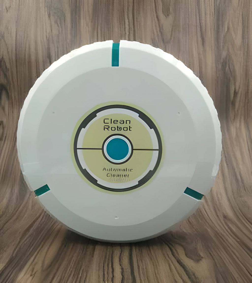 Black and white automatic robot vacuum cleaner on a wooden floor.