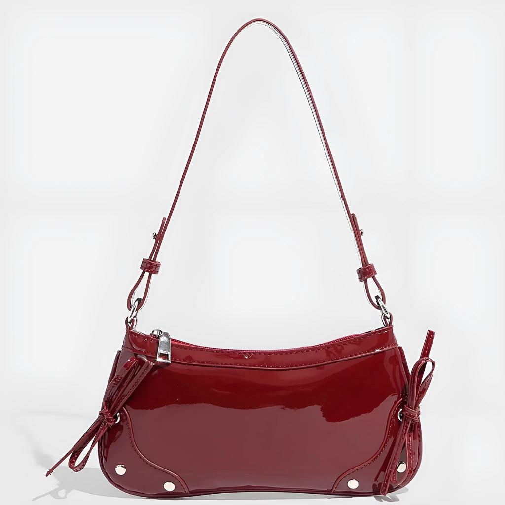 Solid colour PU underarm bag with double bow and rivet decoration, horizontal square shape
